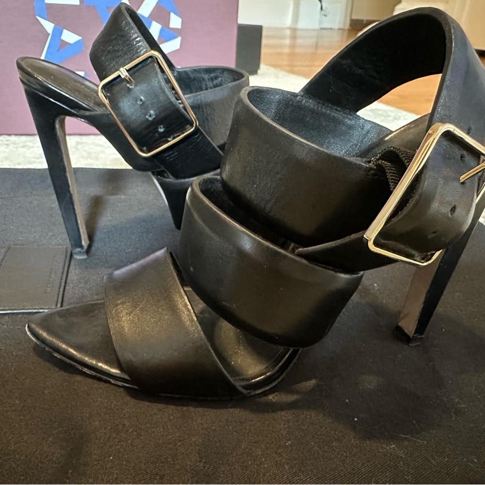 Alexander Wang Black Strappy Heels with Gold Buckles